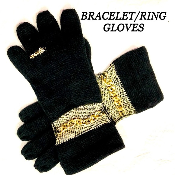 WINTER GLOVES with attached faux gold chain bracelets and ring size OS NWOT - Picture 1 of 8